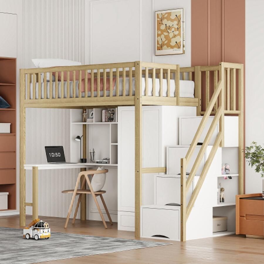 Learnlogic hoogbed 90x200 cm met grote kledingkast plank en tafel opbergruimte trap multifunctioneel bed houten bedgestel wit