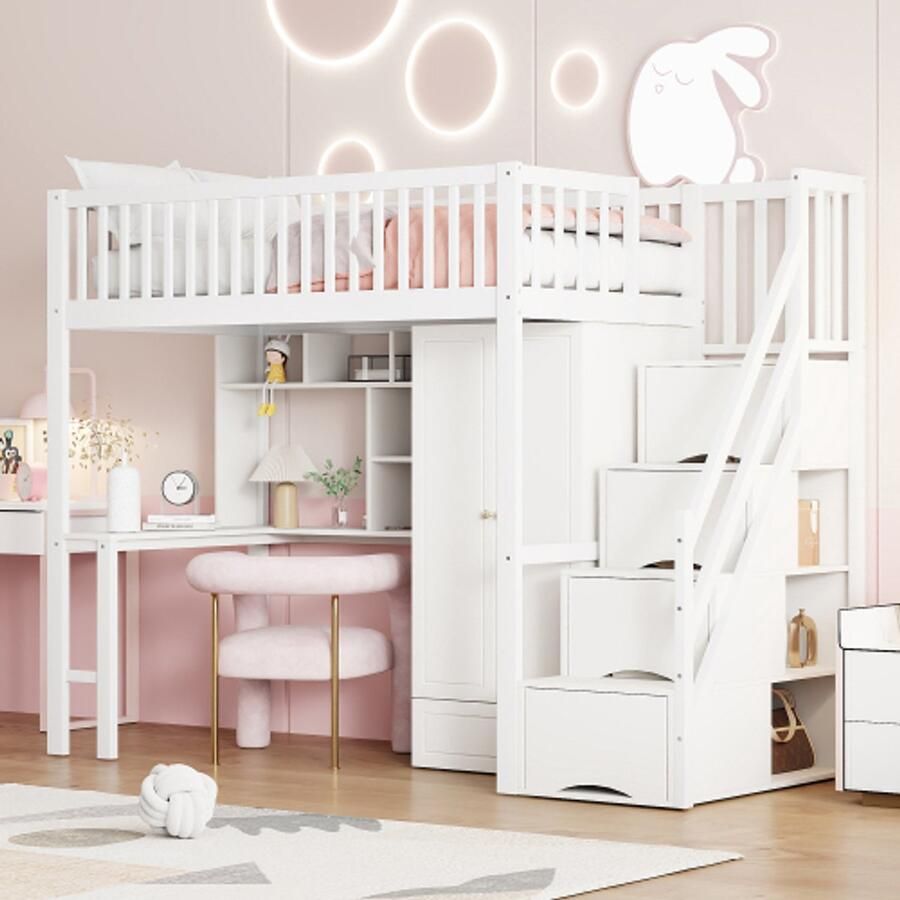 Learnlogic hoogbed 90x200 cm met grote kledingkast plank en tafel opbergruimte trap multifunctioneel bed houten bedgestel wit
