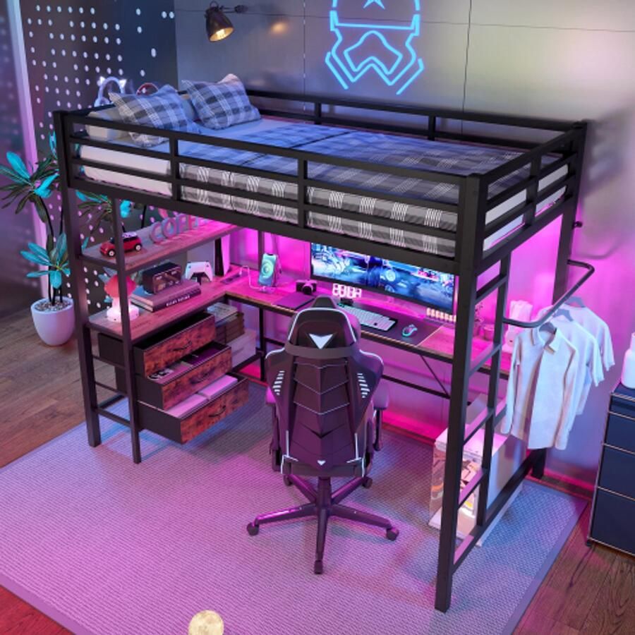 Learnlogic hoogbed 90x200 cm met LED-verlichting bureau stopcontact + USB 3 laden planken leuning trap zonder matras zwart