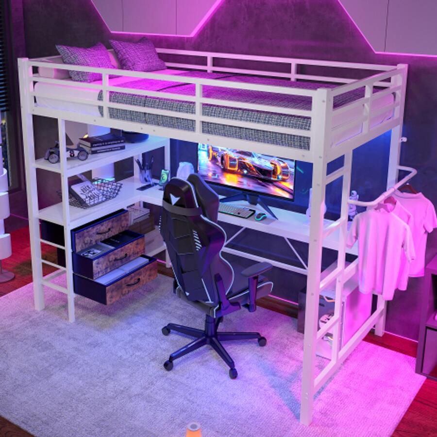 Learnlogic hoogbed 90x200 cm met LED-verlichting bureau stopcontact + USB 3 laden planken leuning trap zonder matras wit