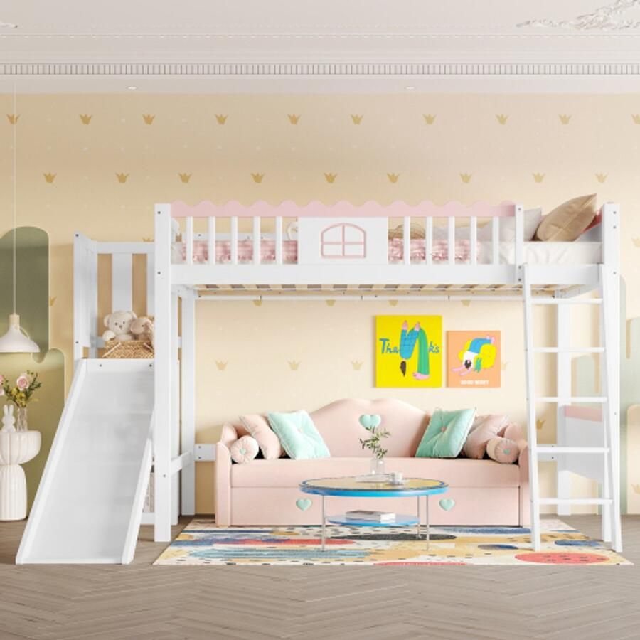 Learnlogic Hoogslaper eenpersoonsbed (zonder matras) kinderbed met ledverlichting met planken met glijbaan EN747 gecertificeerd grenenhout 90x200cm wit