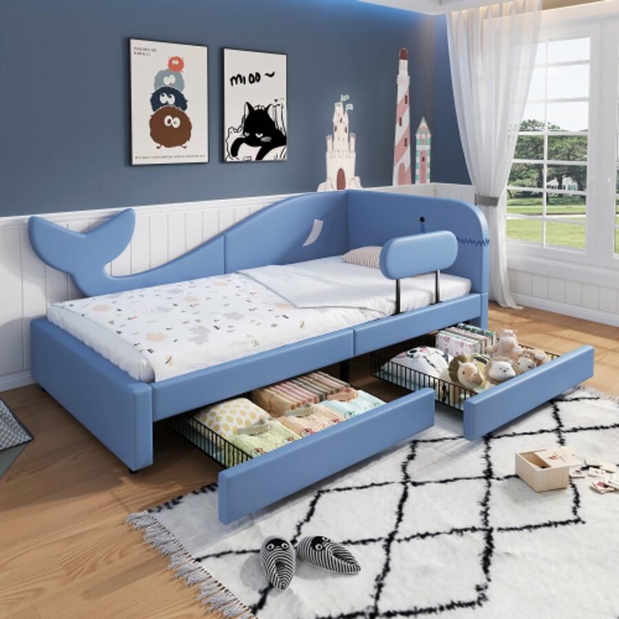 Learnlogic Kinderbed splitsbaar gestoffeerd bed slaapbank walvisvormig design slaapbank met metalen bedframe 2 lades op wieltjes PU+MDF+multiplex blauw 90x200cm