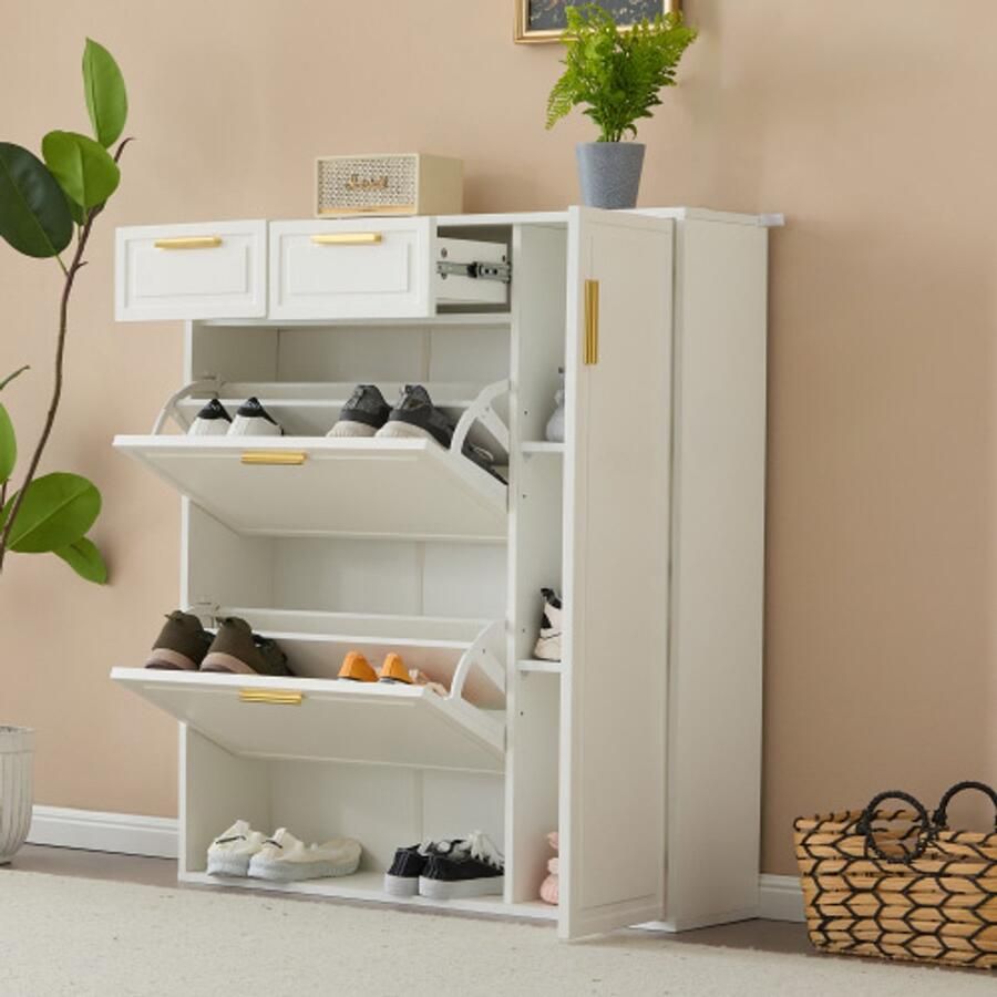 Learnlogic moderne schoenenkast met verstelbare planken gouden handvatten laden klappbare schoenenkast en deuren wit B95 D24 H107 5