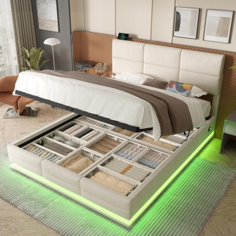 Learnlogic moderne velours polsterbed 180x200 cm met hoogteverstellbaar hoofdeinde Incl. USB Type-C aansluitingen LED-ambientverlichting hydraulisch lift-systeem & XXL-opbergruimte (zonder matras) beige