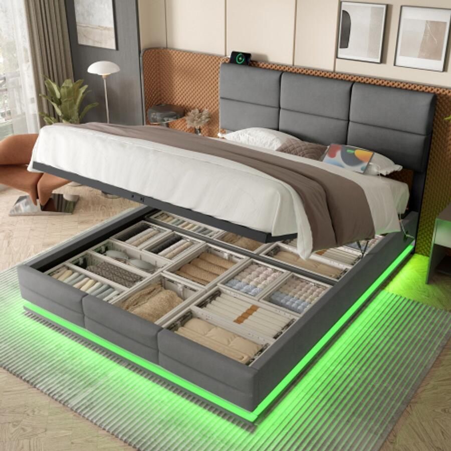Learnlogic moderne velours polsterbed 180x200 cm met hoogteverstellbaar hoofdeinde Incl. USB Type-C aansluitingen LED-ambientverlichting hydraulisch lift-systeem & XXL-opbergruimte (zonder matras) grijs