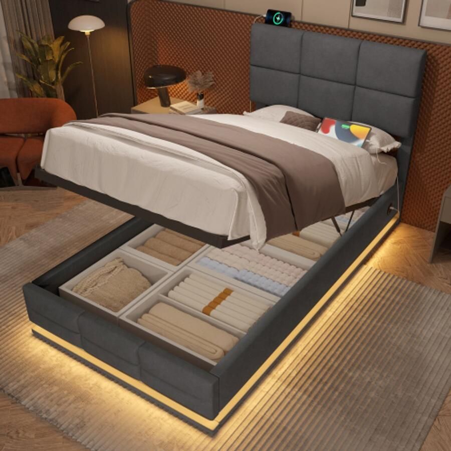 Learnlogic moderne velours polsterbed 90x200 cm met hoogteverstellbaar hoofdeinde Incl. USB Type-C aansluitingen LED-ambientverlichting hydraulisch lift-systeem & XXL-opbergruimte (zonder matras) grijs