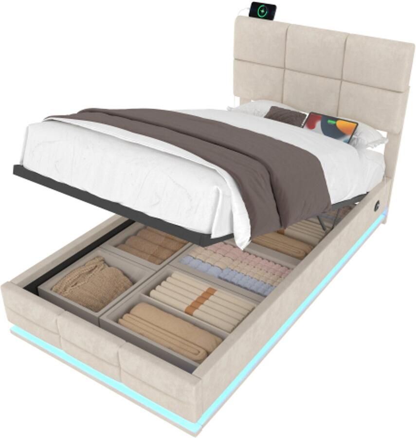 Learnlogic moderne velours polsterbed 90x200 cm met hoogteverstellbaar hoofdeinde Incl. USB Type-C aansluitingen LED-ambientverlichting hydraulisch lift-systeem & XXL-opbergruimte (zonder matras) beige