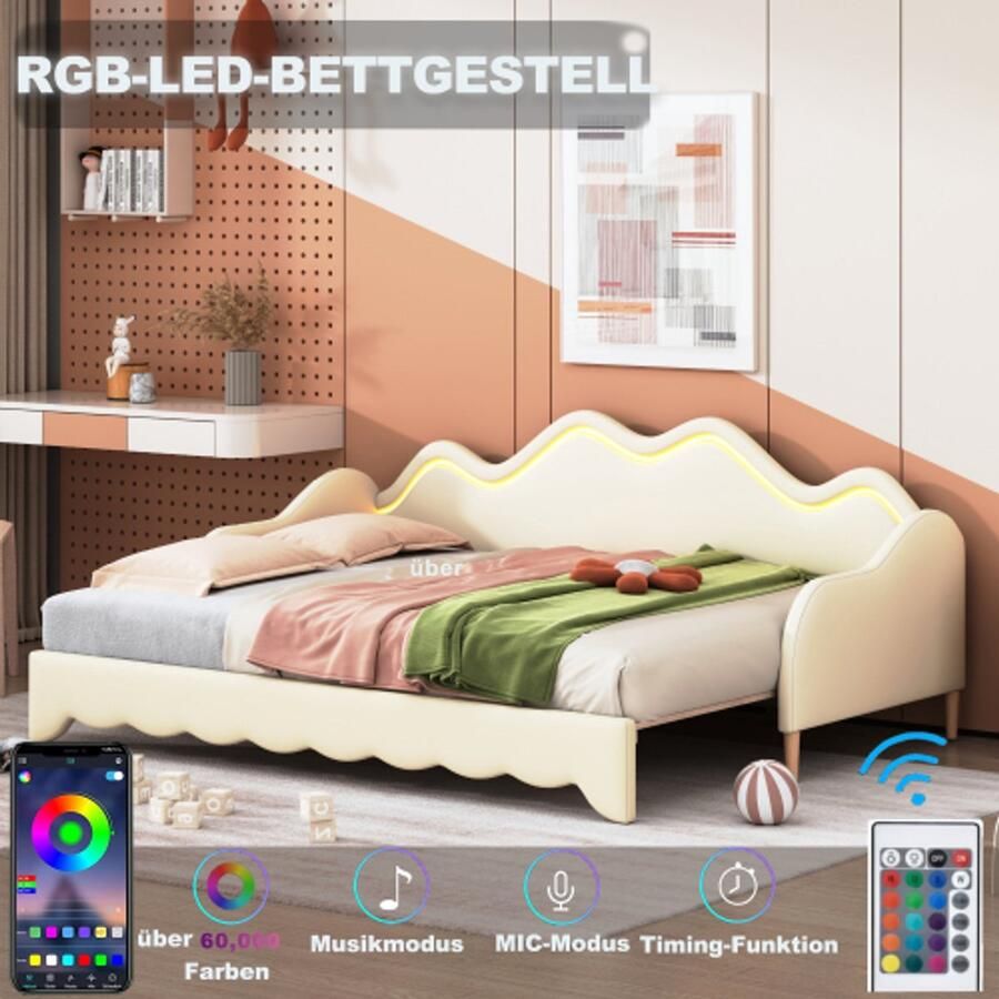 Learnlogic polsterbed 90(180)x190 cm 2-in-1 multifunctioneel slaapsofa kinderbed van kunstleer met LED-verlichting met latmatras beige