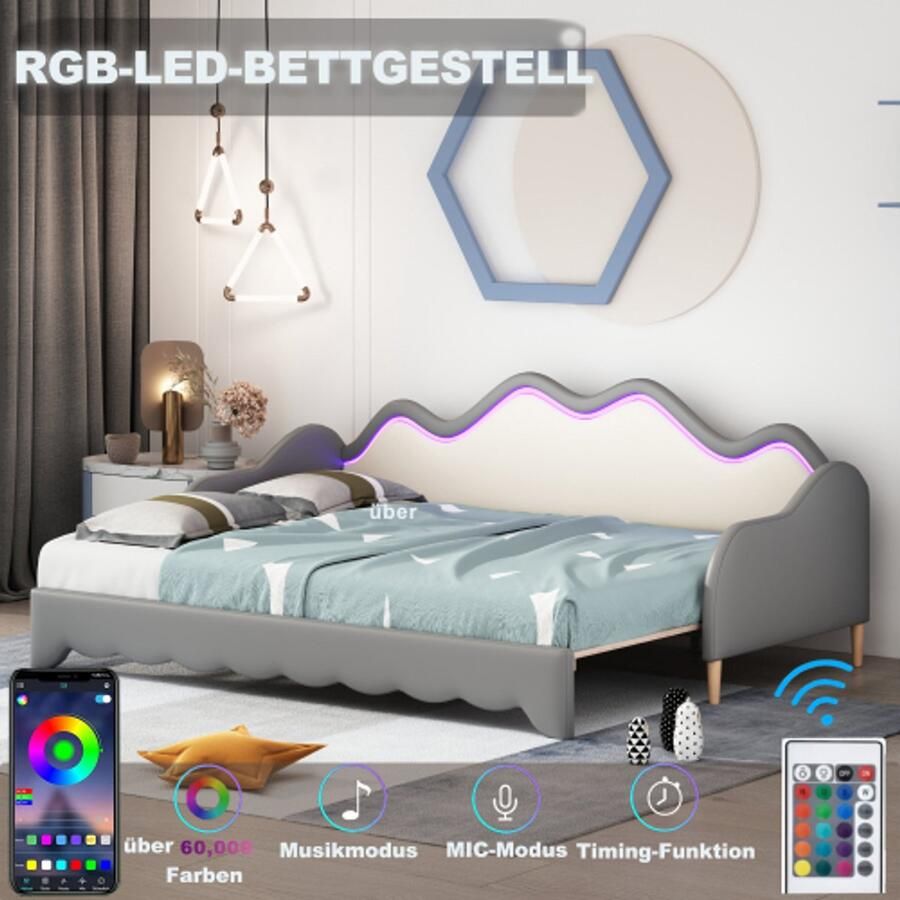 Learnlogic polsterbed 90(180)x190 cm 2-in-1 multifunctioneel slaapsofa kinderbed van kunstleer met LED-verlichting met latmatras grijs