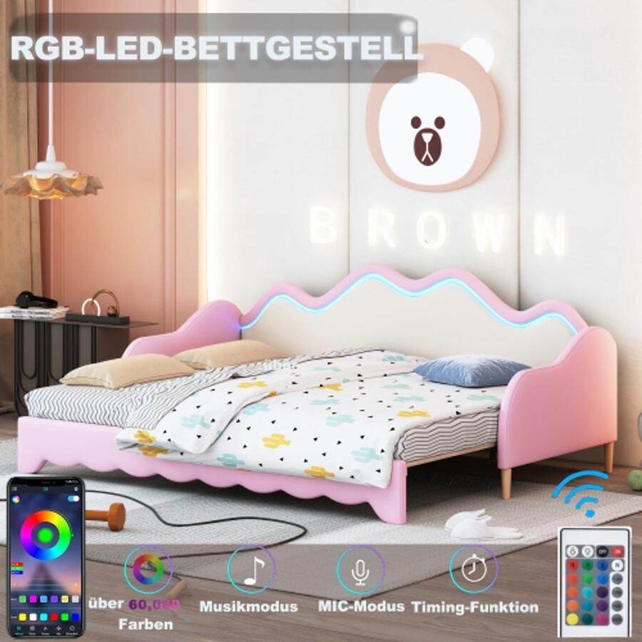 Learnlogic polsterbed 90(180)x190 cm 2-in-1 multifunctioneel slaapsofa kinderbed van kunstleer met LED-verlichting met latmatras roze