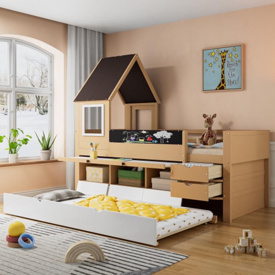 Learnlogic Stapelbed boomhutbed met lades en uitschuifbed met uitschuiftafel veel opbergruimte houten bed met raam grenen frame graffitibord grenen + MDF wit + naturel 90x200&90*190cm