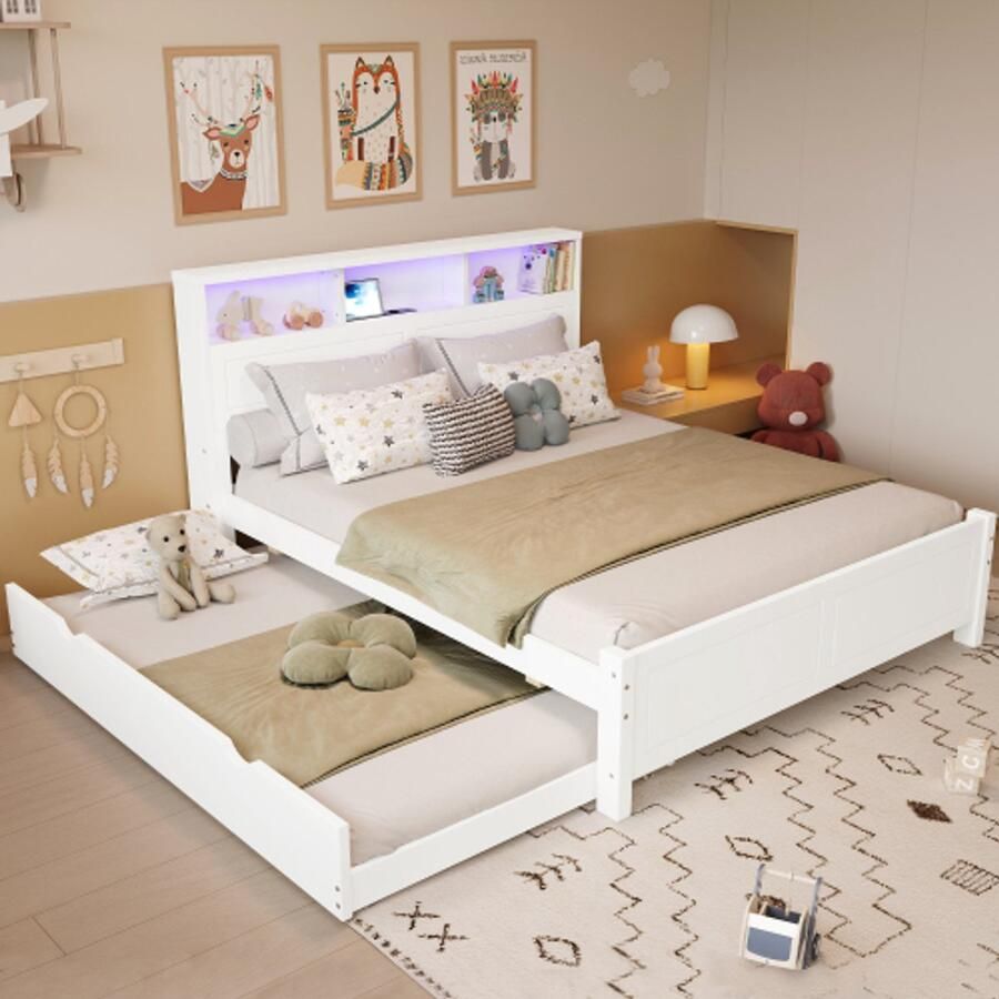 Learnlogic Tweepersoonsbed vlak bed familiebed met splitsfunctie met sfeerverlichting ingebouwde oplaadaansluiting met uitschuifbaar bed hoofdeinde met opbergruimte grenen frame grenen + MDF wit 120x200&90*190cm