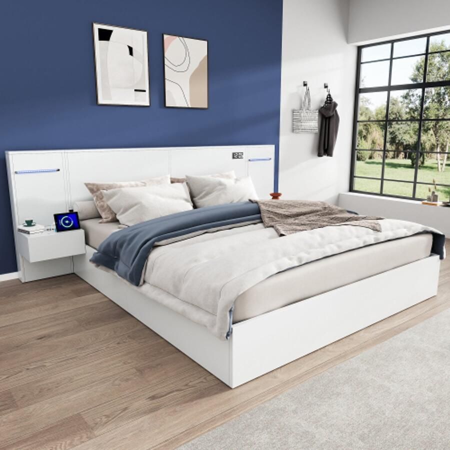Learnlogic Wit houten dubbelbed van 160x200cm met USB-aansluiting elektronische klok Bluetooth-luidspreker kleurlamp 2 nachtkastjes zonder laden matras niet inbegrepen