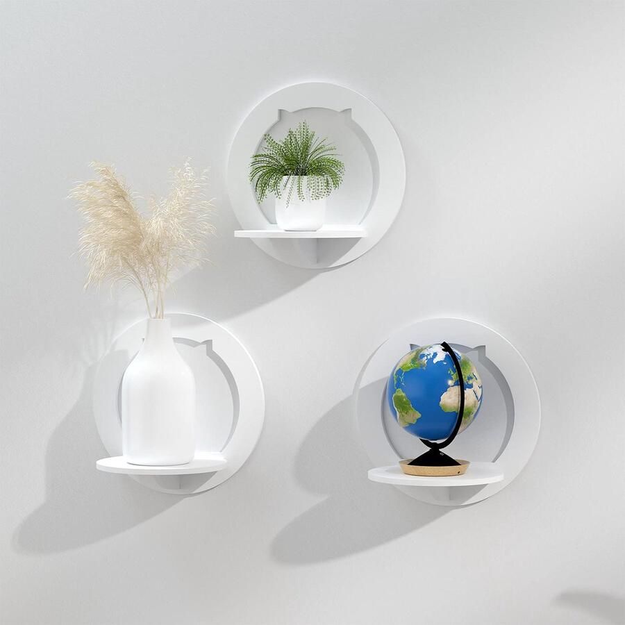LEcylankEr Wandplank Wit Set van 3 Zwevende Plank Wit Eenvoudige Montage 29 x 29 x 18 cm PVC Praktisch & Decoratief Plankbord voor Kinderkamer Badkamer Woonkamer Slaapkamer enz. (3 stuks ronde planken)