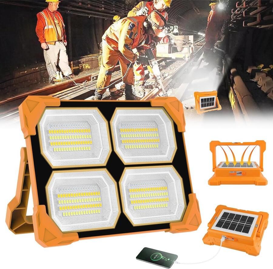 LED Bouwlamp 100W Zonne-energie 5000 Lumen 4 Lichtmodi Waterdicht en oplaadbare accu voor Camping Garage en Noodgevallen