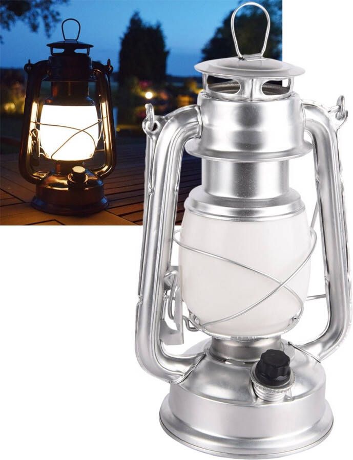 LED Stormlamp Camping lantaarn Buitenlamp Tafellamp Zilver 4x AA warm wit dimbaar