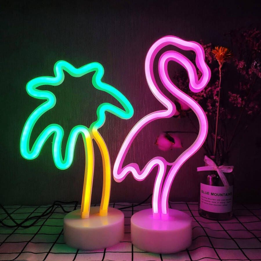 LED Flamingo en Coconut Palm Tree Neon Lights 2 Packs Decoratie Neon Tekens Tafel Decor Lichten USB Batterij Powered Neon Lights voor Slaapkamer Thuis Bruiloft Verjaardag Holiday Bar Party D