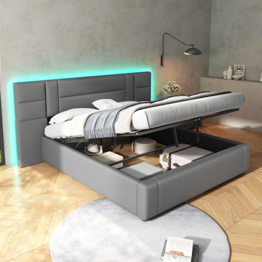 LED gestoffeerd bed 160 x 200 cm hydraulisch bed met LED-verlichting met opbergruimte voor volwassenen en tieners houten lattenbodem eenvoudige montage