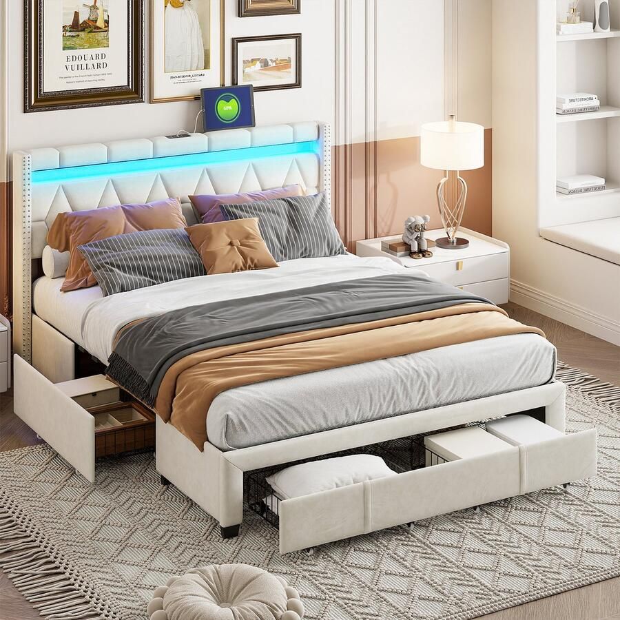 LED gestoffeerd bed met lades modern tweepersoonsbed van linnen stof met USB-oplaadpoorten hoofdbord met uniek geometrisch ruitvormig grafisch ontwerp beige 160 x 200 cm zonder matras
