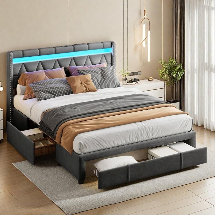 LED gestoffeerd bed met lades modern tweepersoonsbed van linnen stof met USB-oplaadpoorten hoofdbord met uniek geometrisch ruitvormig grafisch ontwerp grijs 160 x 200 cm zonder matras
