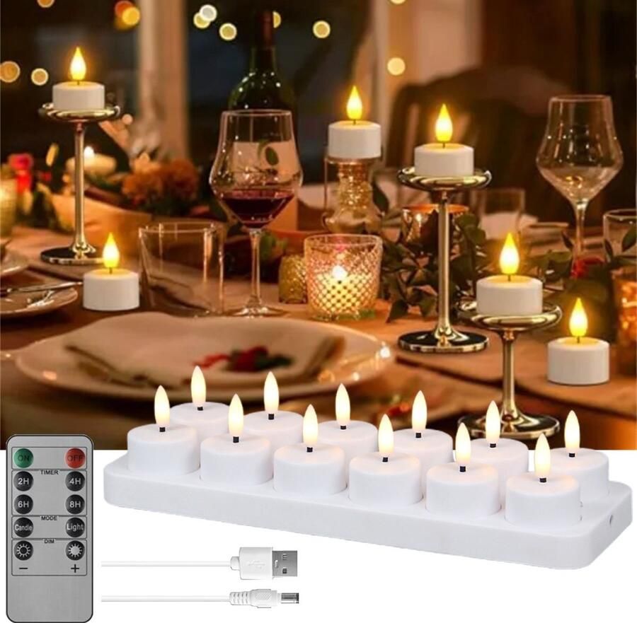 Led Kaars 3D Oplaadbare Led-Theelichtjes Set Van 12 Oplaadbare Led-Kaarsen Met Afstandsbediening En Timer Oplaadstation Met 12 Compartimenten Knipperende Constante Modus Lichtsterkte Instelbaar Voor Tafel Halloween Kerstdecoratie