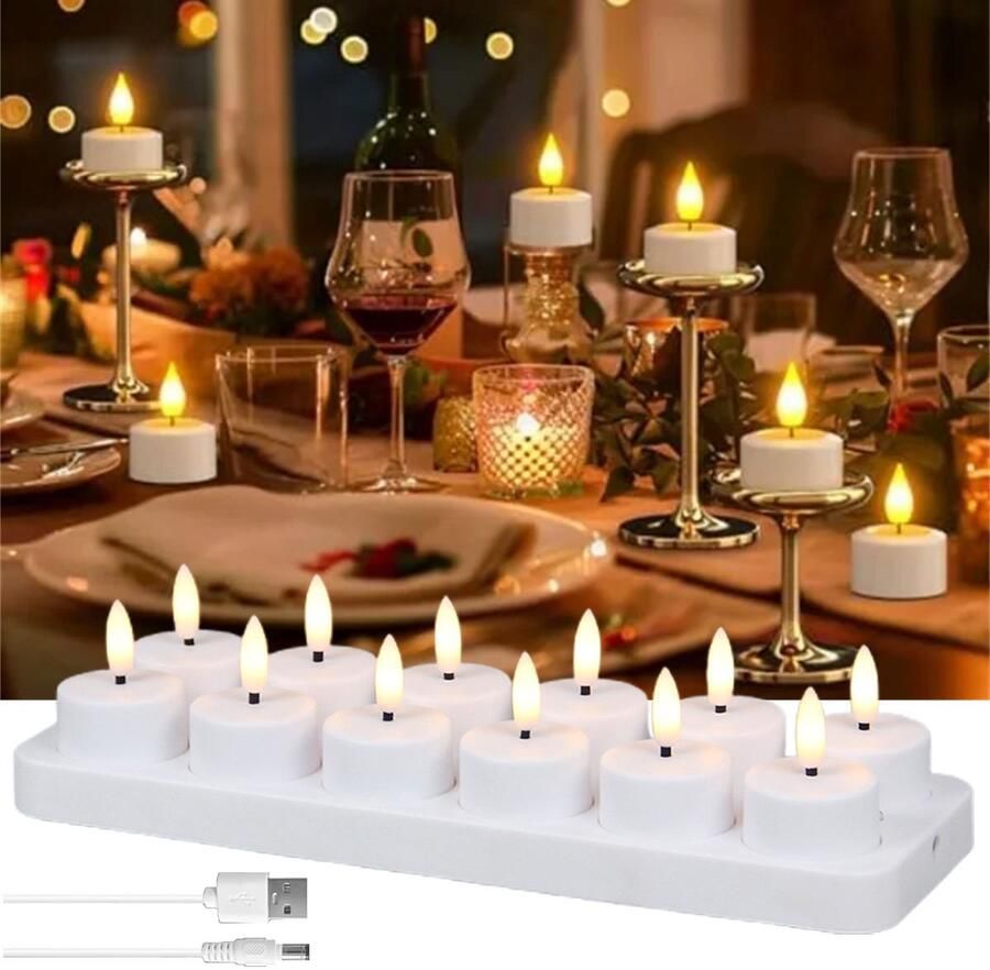 Led Kaars 3D Oplaadbare Led-Theelichtjes Set Van 12 Oplaadbare Led-Kaarsen Vlamloze Feestkaarsen Met Oplaadstation Met 12 Compartimenten En Usb-Oplaadkabel (Afstandsbediening Niet Inbegrepen) Voor Thuis Tafel Halloween Kerstdecoratie