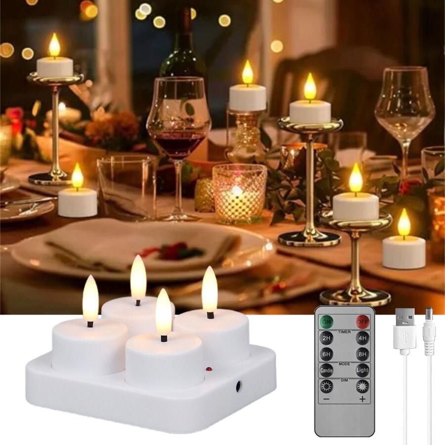Led Kaars 3D Oplaadbare Led-Theelichtjes Set Van 4 Oplaadbare Led-Kaarsen Met Afstandsbediening En Timer Oplaadstation Met 4 Compartimenten Knipperende Constante Modus Lichtsterkte Instelbaar Voor Tafel Halloween Kerstdecoratie