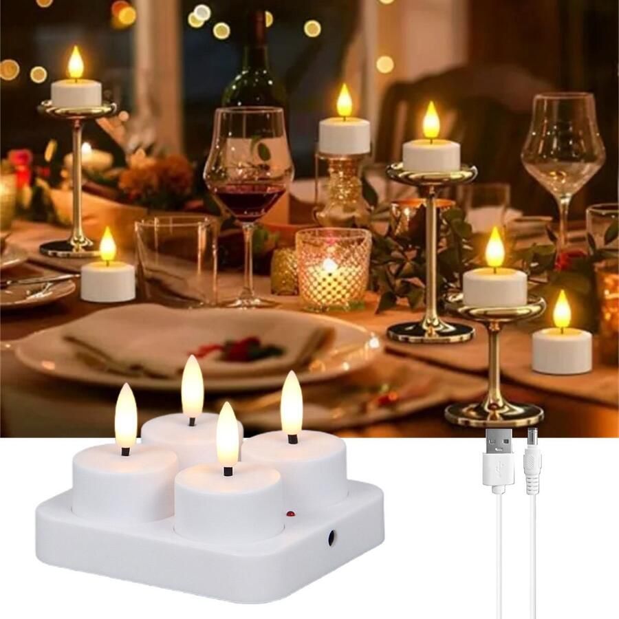 Led Kaars 3D Oplaadbare Led-Theelichtjes Set Van 4 Oplaadbare Led-Kaarsen Vlamloze Feestkaarsen Met Oplaadstation Met 4 Compartimenten En Usb-Oplaadkabel (Afstandsbediening Niet Inbegrepen) Voor Thuis Tafel Halloween Kerstdecoratie