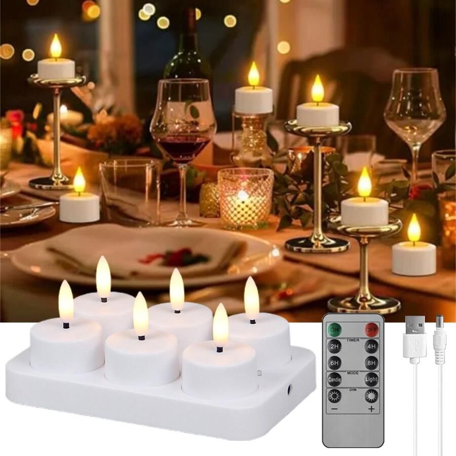 Led Kaars 3D Oplaadbare Led-Theelichtjes Set Van 6 Oplaadbare Led-Kaarsen Met Afstandsbediening En Timer Oplaadstation Met 6 Compartimenten Knipperende Constante Modus Lichtsterkte Instelbaar Voor Tafel Halloween Kerstdecoratie