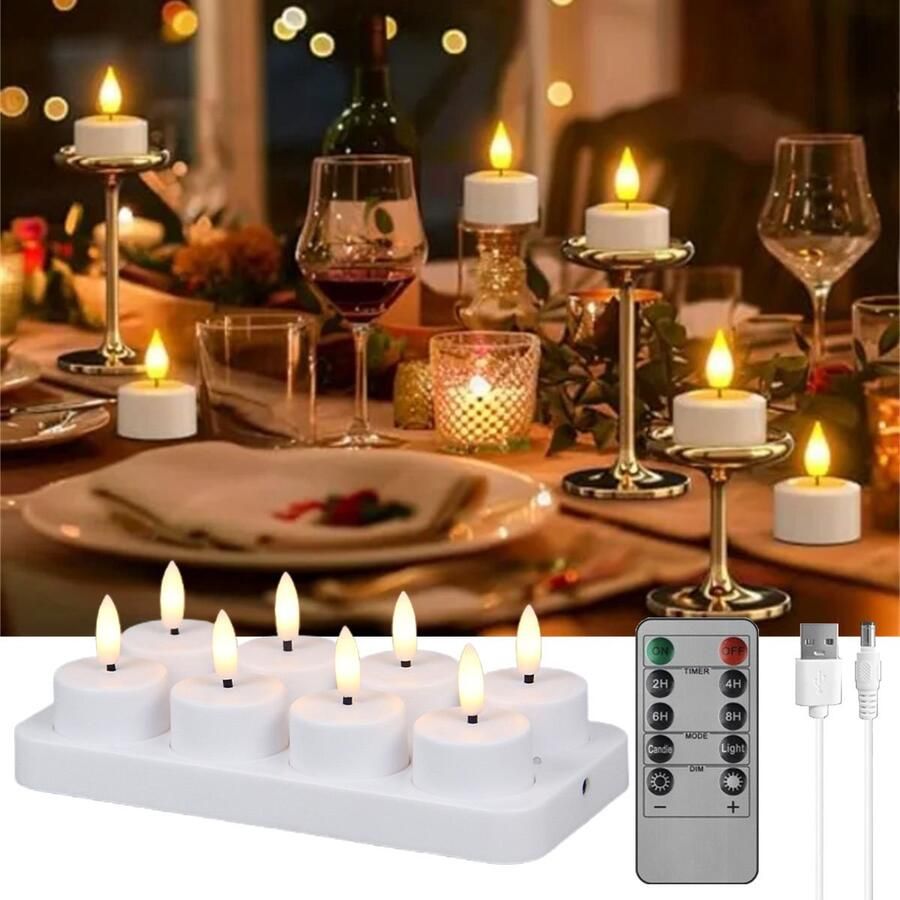 Led Kaars 3D Oplaadbare Led-Theelichtjes Set Van 8 Oplaadbare Led-Kaarsen Met Afstandsbediening En Timer Oplaadstation Met 8 Compartimenten Knipperende Constante Modus Lichtsterkte Instelbaar Voor Tafel Halloween Kerstdecoratie