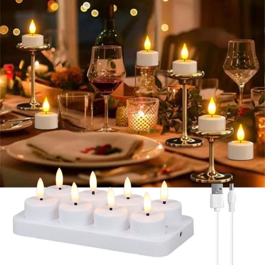 Led Kaars 3D Oplaadbare Led-Theelichtjes Set Van 8 Oplaadbare Led-Kaarsen Vlamloze Feestkaarsen Met Oplaadstation Met 8 Compartimenten En Usb-Oplaadkabel (Afstandsbediening Niet Inbegrepen) Voor Thuis Tafel Halloween Kerstdecoratie
