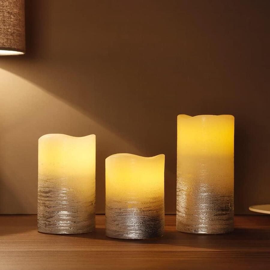 Led Kaarsen met Bewegende Vlam Vlamloze Waxkaarsen Op Batterijen Met 6-uurs Timer Set Van 3 Op Batterijen Voor Lantaarn Woonkamer Tuin Bed Eettafel Binnen Kleurverloop Zilver