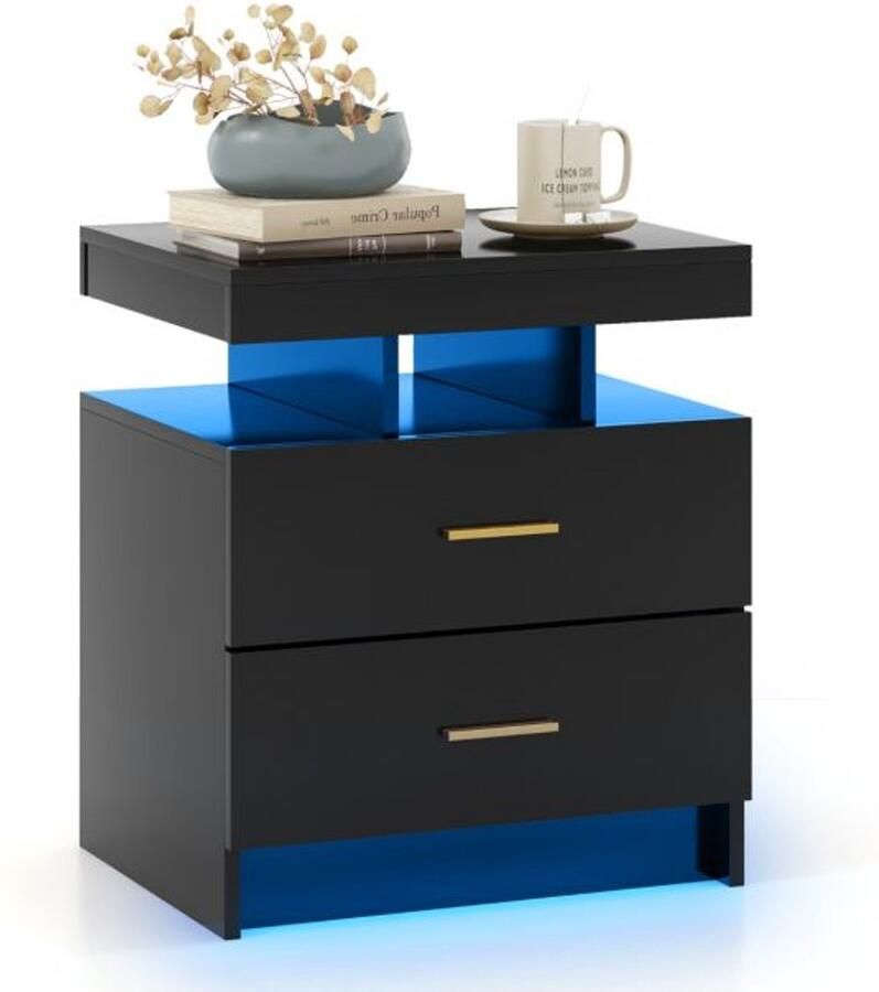 LED Nachtkastje Zwart met 2 Laden – Moderne Bijzettafel met Instelbare Verlichting