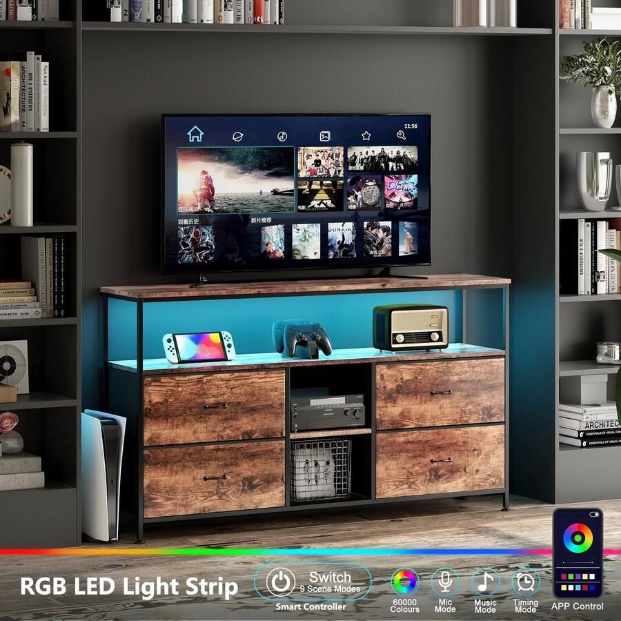 LED TV Meubel 9 Scènemodi 7-Kleuren Licht Schakelen Slimme Knopcontroller 110x30x76 8cm 4 Lades Vintage Ladekast Opberg Kast Dressoir App 60.000 Kleuren Timermodus Microfoonmodus & Muziekmodus te Ervaren- Hoogte Verstelbare Voeten Stalen Frame