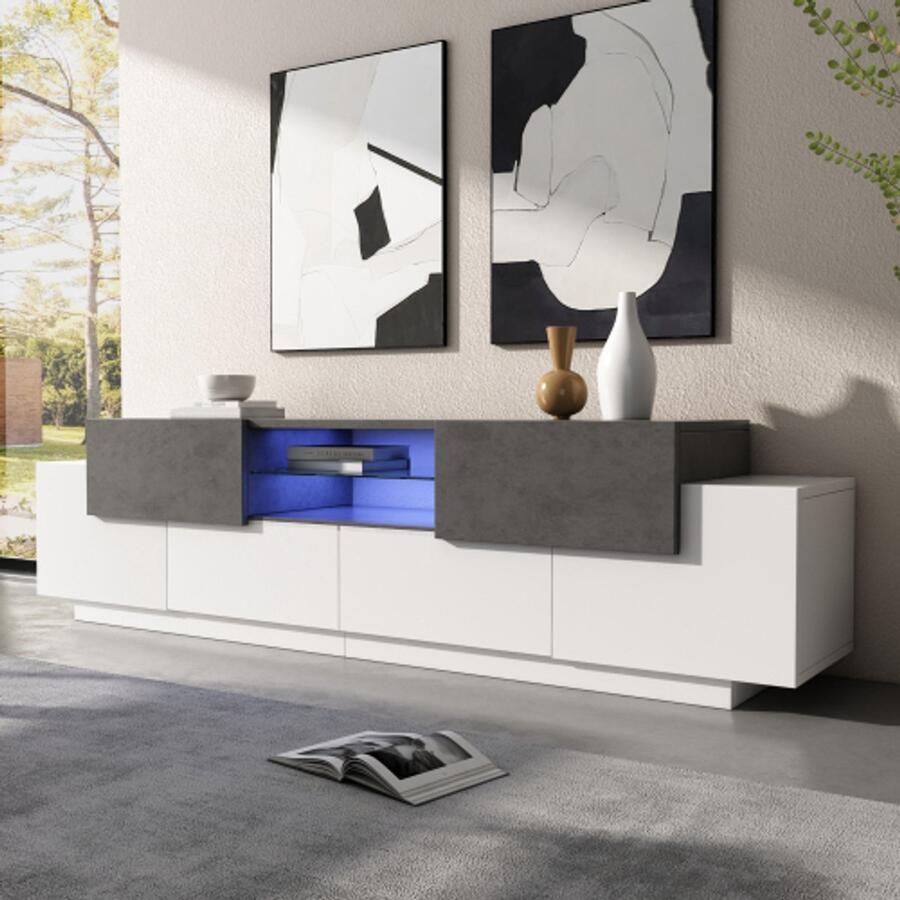 LED tv-meubel tv-dressoir lowboard modern tv-entertainmentcenter met glazen planken voor de woonkamer slaapkamer tv-console met opbergruimte game-mediakast voor 80 75 70 65 55 inch tv's wit + grijs