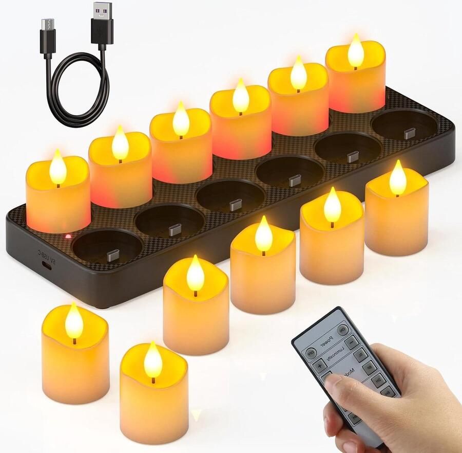 Gezellige LED-Kaarsen Oplaadbare kaarsen 12-stuks vlamloze oplaadbare batterij LED theelichtjes met afstandsbediening en timer elektrische kaarsen flikkeren oplaadbasis voor thuis kamer tafel