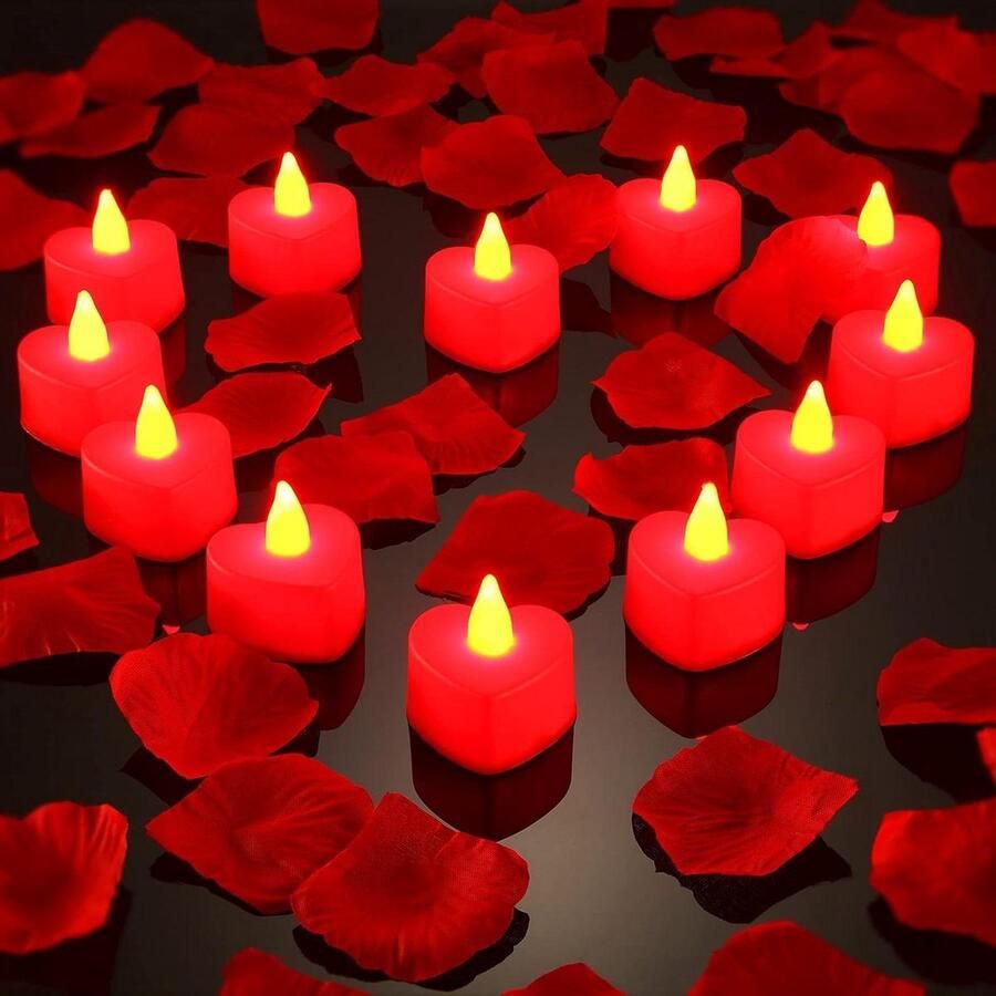 LED Waxinelichtjes Kerst LED Waxinelicht 12 stuks hartvormige LED-theelicht liefde LED-kaarsen zijden rozenblaadjes Valentijnsdag bruiloft tafel feestdecoratie rood