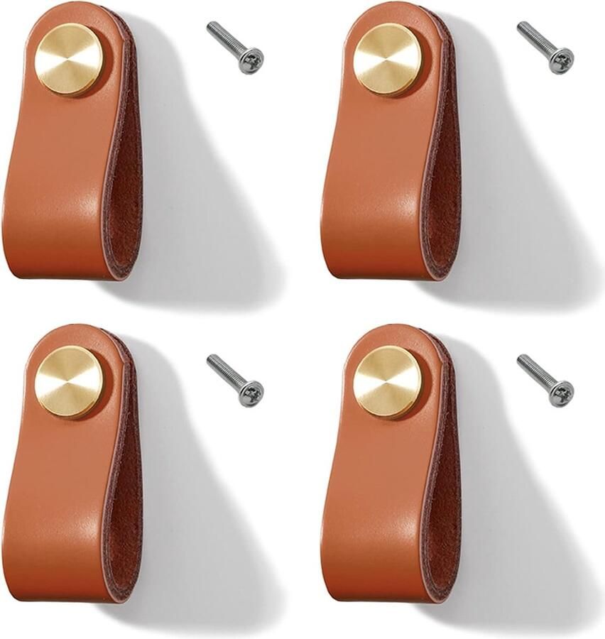 Lederen Meubelgrepen Kastgrepen voor Keukenkasten 4 Stuks Lichtbruin Echt Leer en Koper