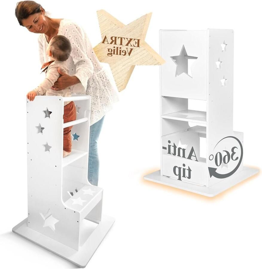Leertoren kinderen 1 jaar 360° kantelbescherming Montessori opstapkruk wit Houten kruk