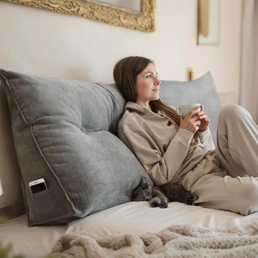 Leeskussen voor bed en bank Driehoekskussen groot met wasbare hoes Grijs 200 cm