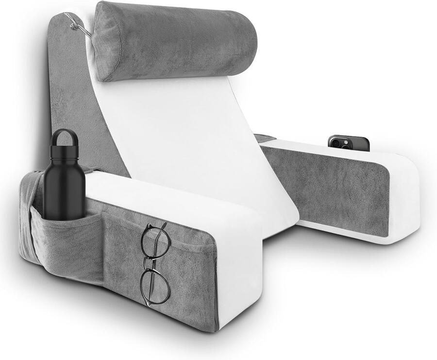 Leeskussen voor in bed Leeskussen Zitkussen Relax Kussen Bookseat Leeskussen Voor Boeken Wigkussen bed Zitkussen Ergonomisch Book Seat wit + grijs