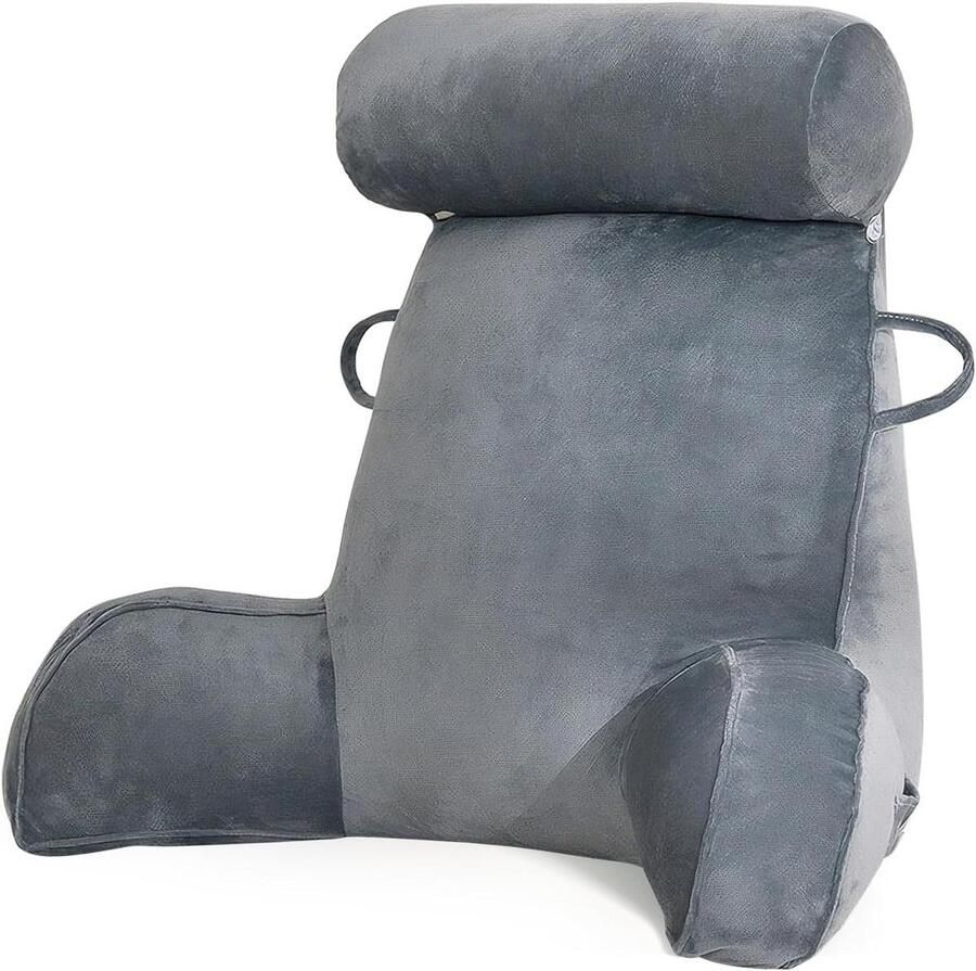 Leeskussen XL voor bed en bank met afneembare nekrol grijs ideaal voor volwassenen met traagschuim