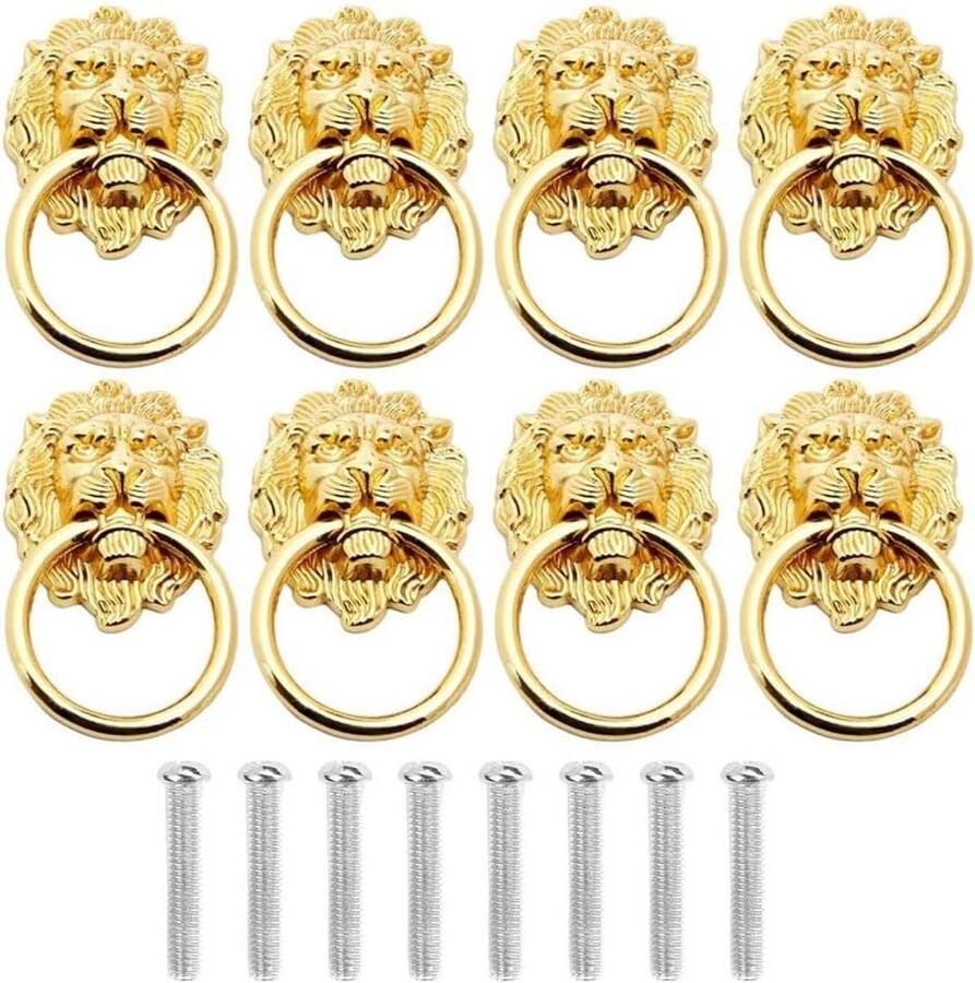 Leeuwen Hoofd Lade Handgrepen Set van 8 stuks antieke knoppen Gouden leeuwen hoofd design Voor kast deurknop sieradendoos Inclusief schroeven