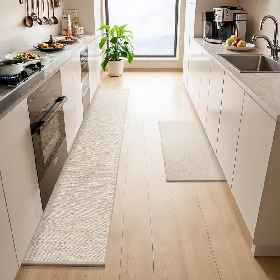 LEKEEPGO Wasbaar keukenkleed antislip 43x75cm + 43x200cm 2-pack antislip keukenlopers keukenmatten wasbaar tapijt voor de gang absorberend tapijt voor de keuken gang wasruimte beige