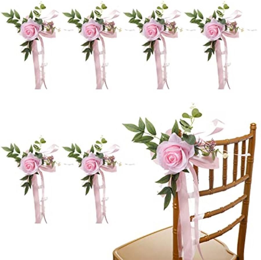 LEMCC 6 stuks kunstmatige bruiloft stoel pioenrozen met linten huwelijksceremonie receptie bruiloft gangpad bloemdecoraties voor kerk stoel bank
