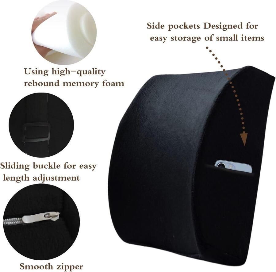Lendenkussen van traagschuim steunkussen met verstelbare riem comfortabele huidvriendelijke rugleuning geschikt voor bureaustoelen en autostoelen zwart 2 stuks