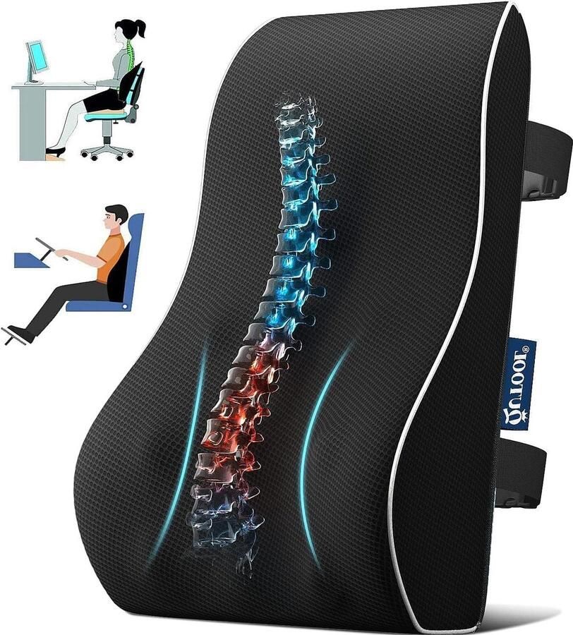 Lendenkussen van traagschuim voor bureaustoel en gamingstoel met dubbele verstelbare riemen en netafdekking (zwart)