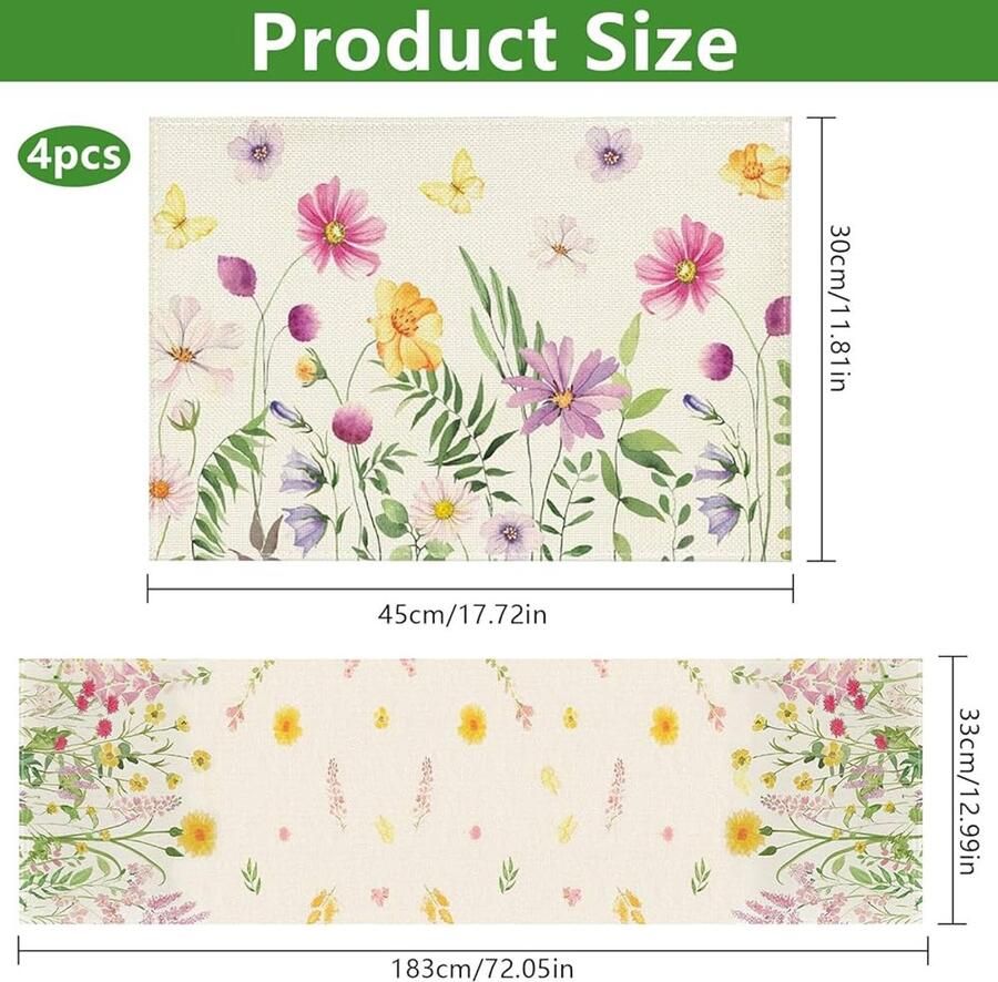 Lente tafelloper met placemats decoratie voor binnen en buiten 1 stuk