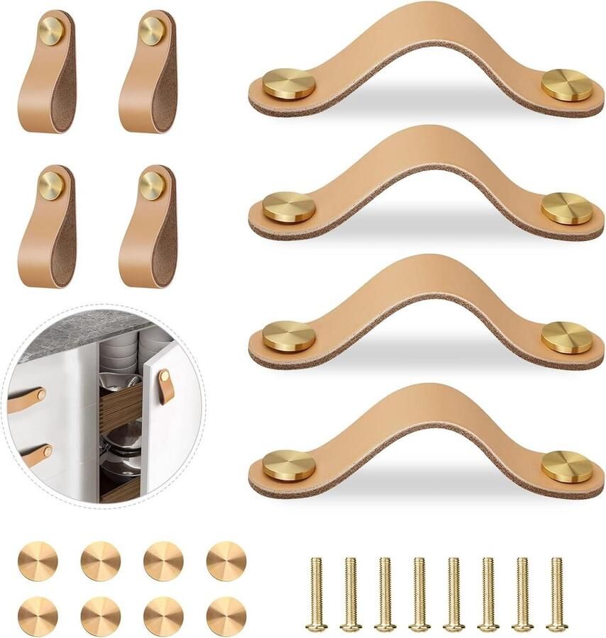 Allecto Plus Leren handgrepen voor meubels Set van 4 Inclusief schroeven voor keukenkasten kledingkasten en wooncultuur