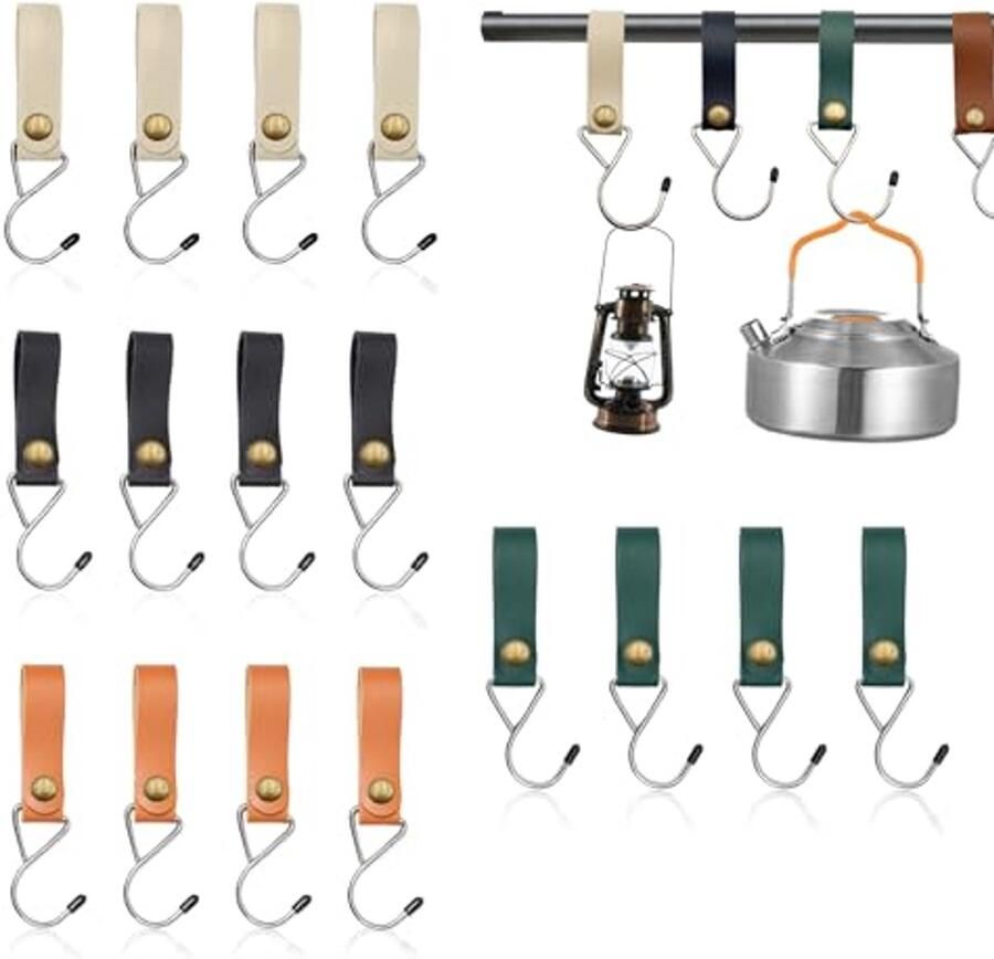 Leren S-haken set van 12 haken voor kledingroede S-haken met leren lus metalen S-vormige haken om op te hangen 16 x 2 cm multifunctionele haken voor garderobe campingwandelwagen